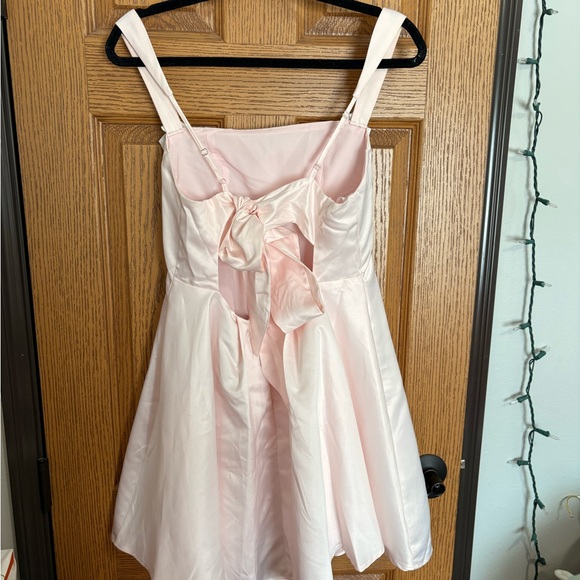 Lulu's Pink Satin Babydoll dress w/ bow tie in the back - Picture 3 of 5